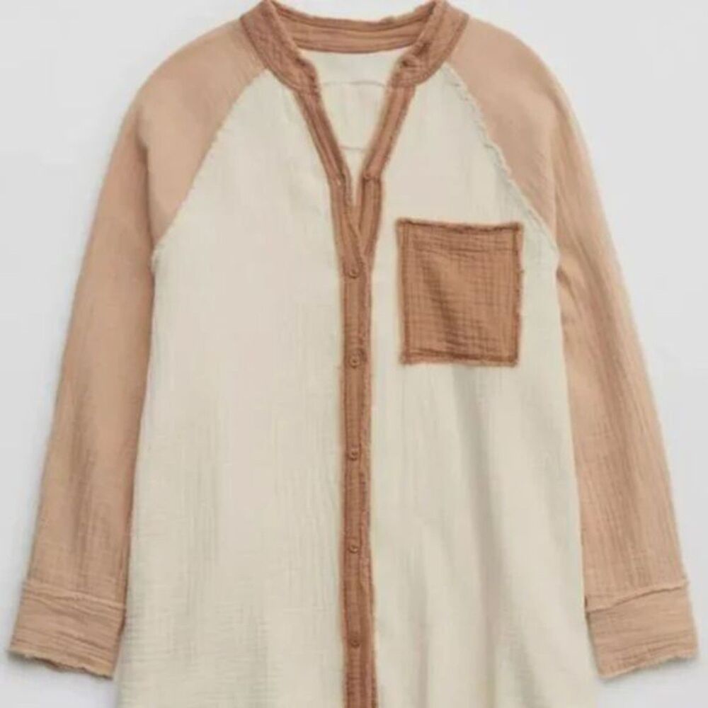 Aerie Pool-To-Party Cover Up Shirt, Color Block, Ivory/Nude/Light Brown, Size M